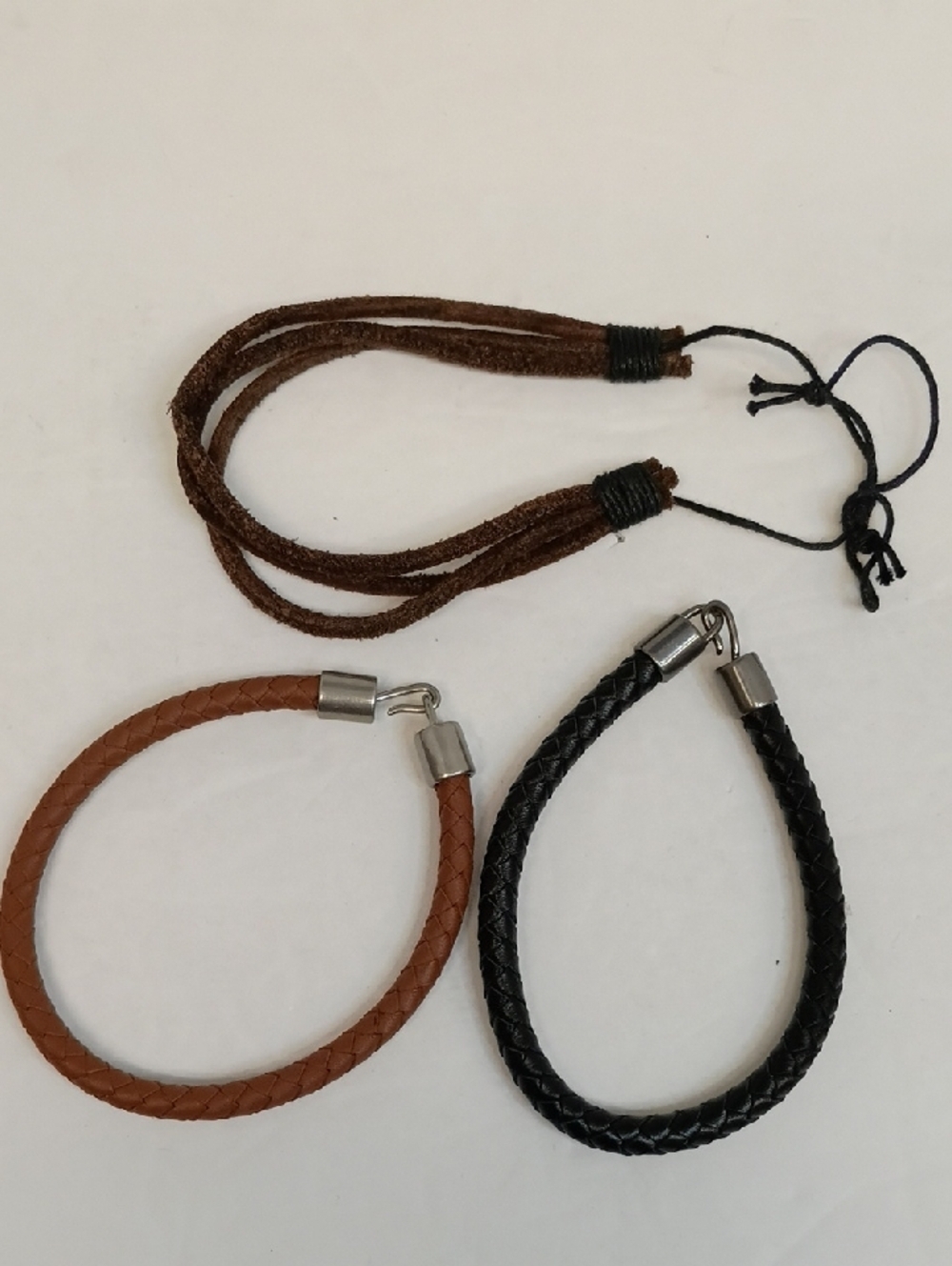 Leather Bracelet 3x Set Braided Suede Cord Magnetic Clasp Black Brown Layered